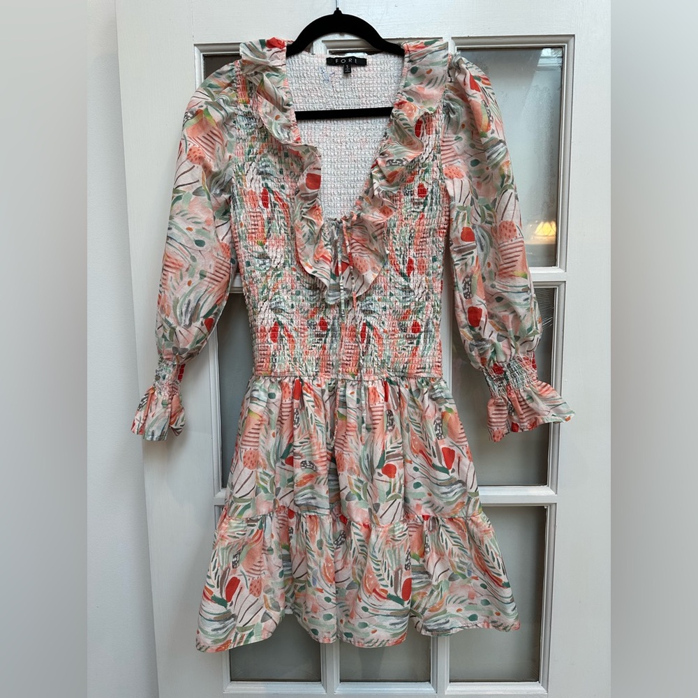 Fore Country Cottagecore Watercolor Floral Ruffle Smocked Mini Dress Size S